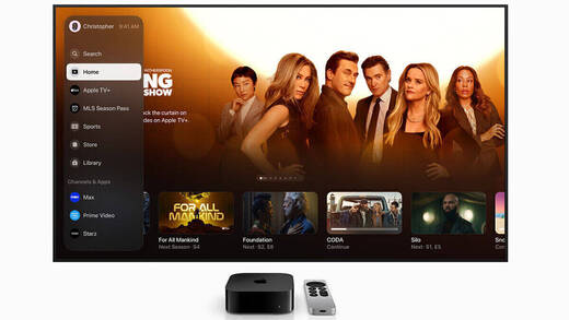 Die neue Optik auf dem Startscreen von Apple TV+ bringt unter anderem ein seitliches Menü.