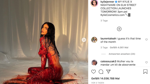 Blutbeschmiert macht Kylie Jenner Werbung für ihre neue Make-up-Linie.