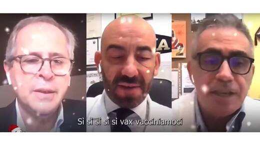 "Ja, ja, ja, ja, ja zur Impfung, lassen wir uns impfen", singen Andrea Crisanti, Matteo Bassetti und Fabrizio Pregliasco (v.l.n.r.) in ihrem gut gemeinten YouTube-Video.